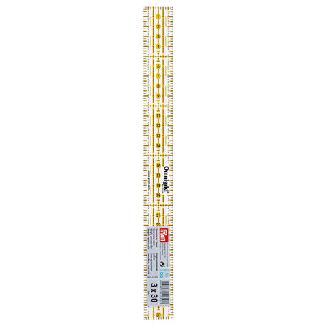 Slim Omnigrid metric ruler 3 × 30 cm for on-machine measuring, seam marking and small-scale cutting, clear acrylic design