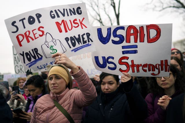 <p>Protesters gather at a rally supporting the United States Agency for International Development (USAID), near the US Capitol, Washington, DC, on 5 February 2025</p>